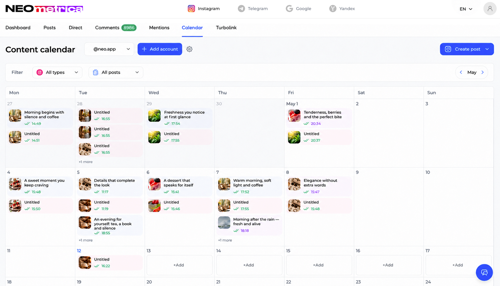NEO Metrica content calendar
